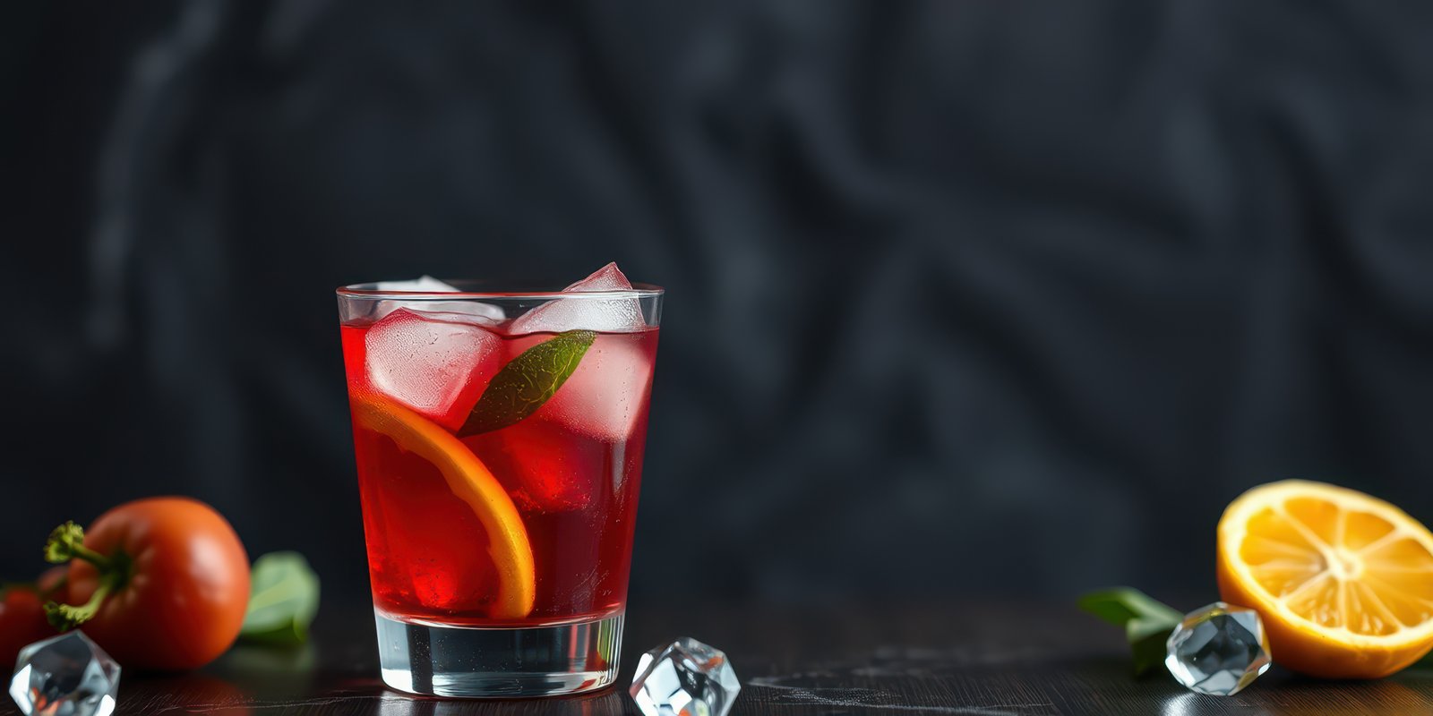 Refreshing red drink garnished with orange slices and mint on a dark background for a vibrant presentation
